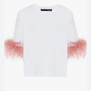 Veronica Beard Wanda Feather Trim Crop Cotton Tee In white and pink